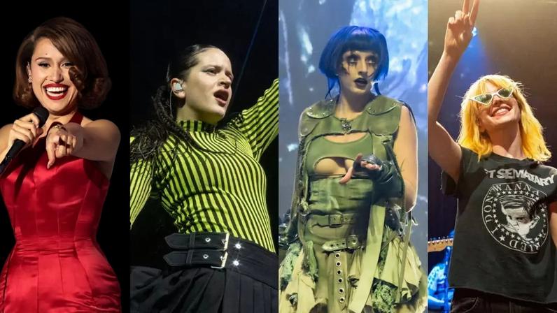 Da esquerda para a direita: Raye, Rosalía, Hemlocke Springs, e Hayley Williams (Fotos: Monica Schipper/Getty Images; Getty Images; Robin Little/Redferns; e Erika Goldring/Getty Images)