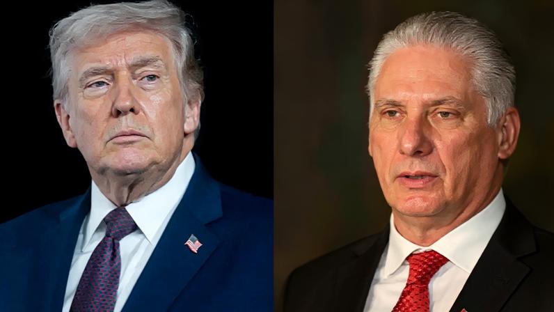 O presidente dos EUA, Donald Trump, (esquerda) e o presidente cubano, Miguel Díaz-Canel (direita). (Stefani Reynolds / Horacio Villalobos/Getty Images)