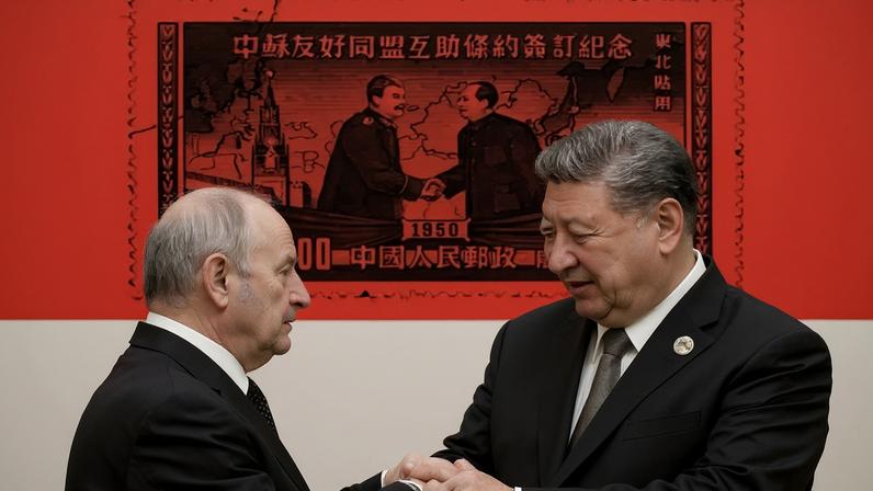BBC Putin and Xi greeting each other with a handshake, behind them is another image of Stalin and Mao in a handshake (as based on an image from a stamp)