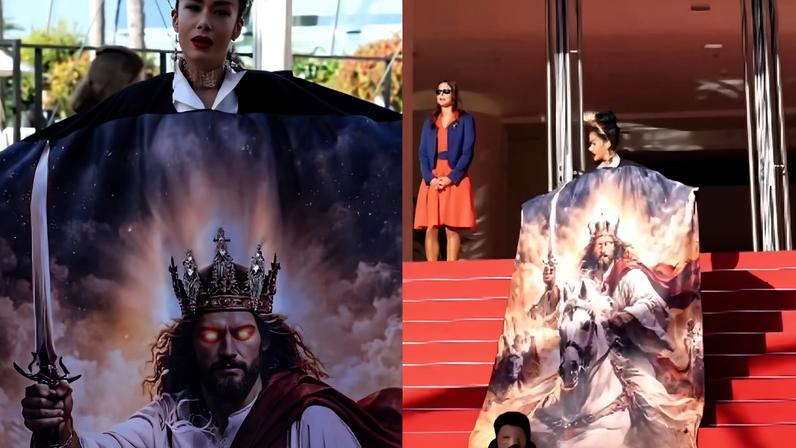 Massiel Tavares usou uma capa sobre a volta de Jesus em Cannes. (Foto: Reprodução/Instagram/Massiel Tavares).
