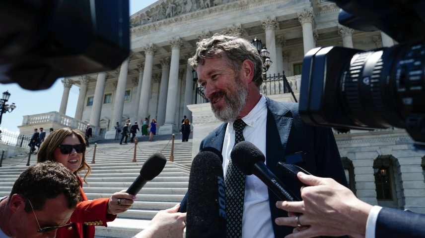 Rep. Thomas Massie (R-KY) holds up a fully redacted document from the Epstein files released by the Department of Justice while questioning U.S. Attorney General Pam Bondi during testimony before the House Judiciary Committee on Feb. 11, 2026 in Washington, DC.