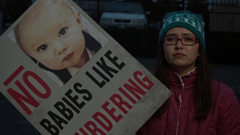 ‘Women entering abortion clinics only to dramatically change their minds has become a trope in popular culture’. Actor Valerie Tian as an anti-abortion protester in the film Juno