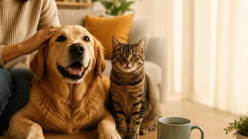 Cachorro e gato ao lado de tutora