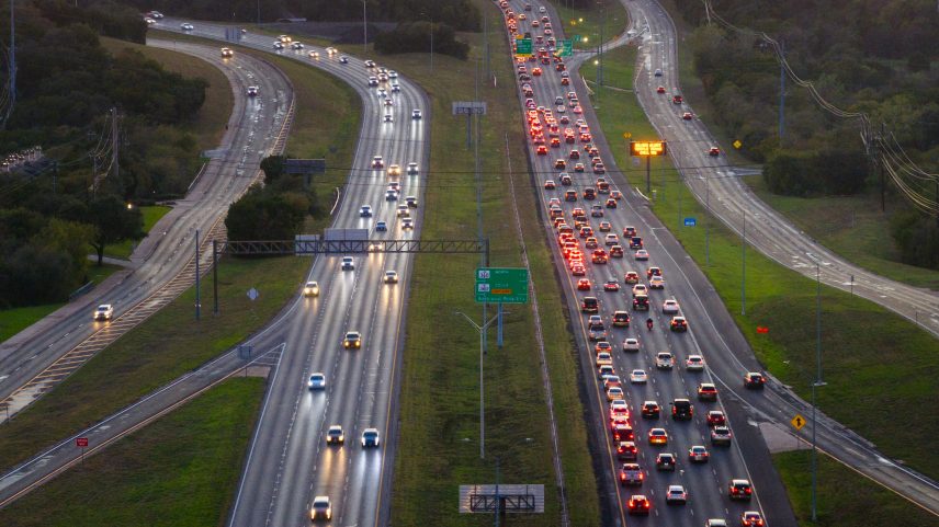 An aerial view of vehicles traveling along the Loop 1 highway on Nov. 24, 2025 in Austin, Texas. The AAA is expecting record-breaking travel during this year's Thanksgiving, making it the state's busiest Thanksgiving travel season in 15 years. An estimated total of 5.8 million people will be traveling by road and the skies over the upcoming week.