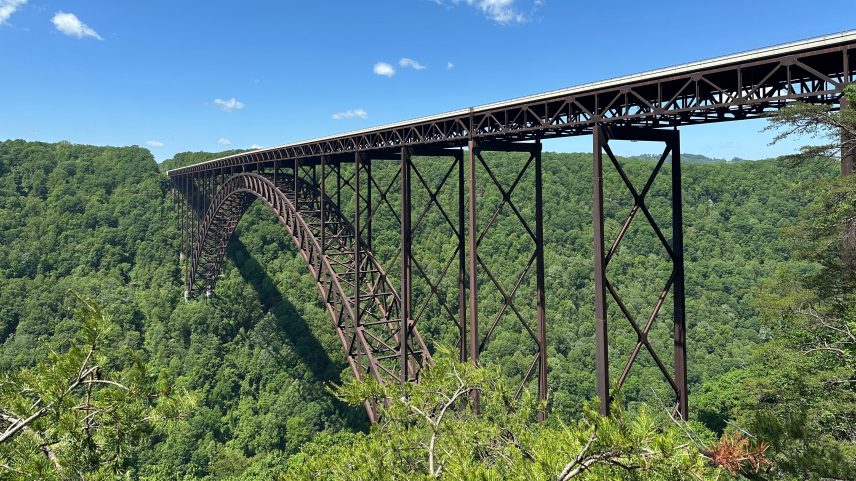 New River Gorge Bridge seen from an overlook near the Canyon Rim Visitor Center.