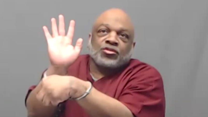 In this screengrab, death row inmate Raymond Eugene Johnson is sworn in before he speaks by video at his clemency hearing before the Oklahoma Pardon and Parole Board on April 8, 2026.