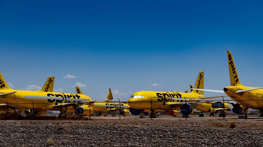 Out-of-service Spirit Airlines aircraft rest at Phoenix Goodyear Airport in Goodyear on May 2, 2026.
