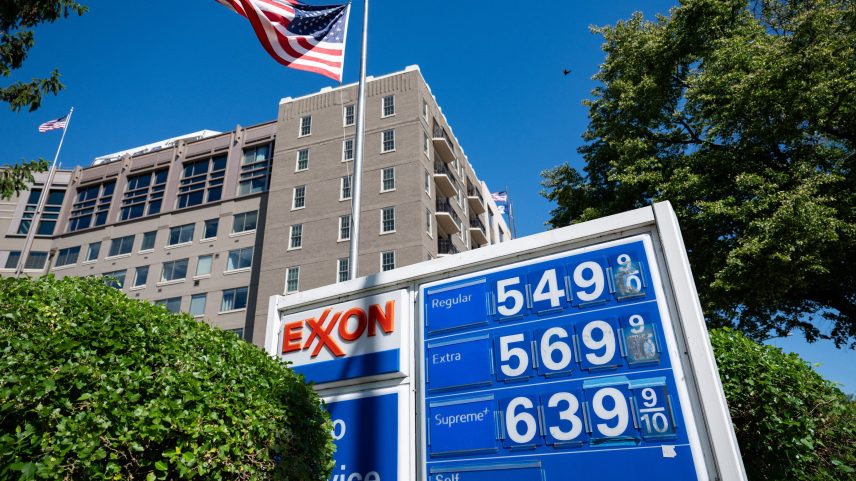 A gas station sign displays prices in Washington, D.C., U.S., May 1, 2026. REUTERS/Annabelle Gordon