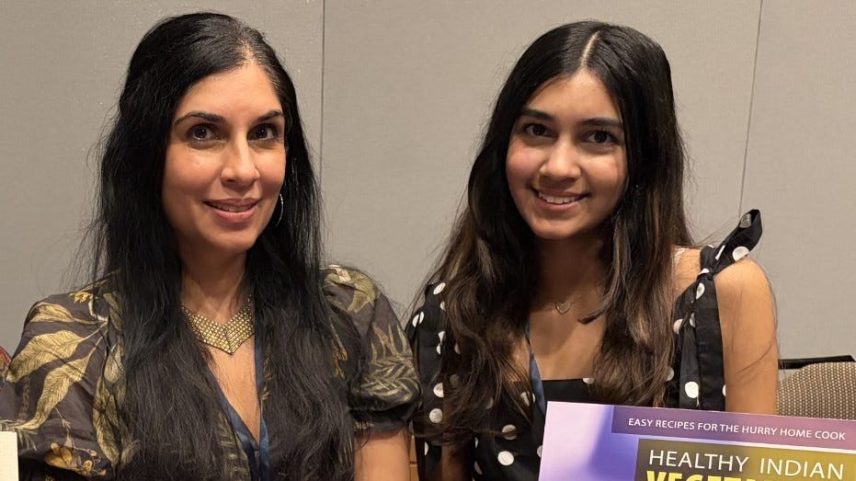 "I helped her with editing. And I told her, you know, not to put, like GIFs or little stickers on her videos because it can come across as cringe," Jaya, 16, said. She's pictured here standing between her mom Shubhra Ramineni (left), 49, and her grandmother Neelam Verma (right), 78.
