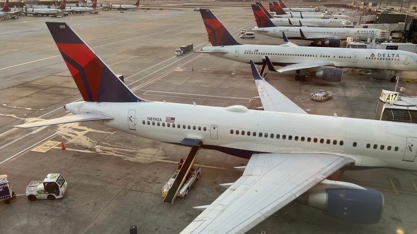 Delta planes sit at gates at Hartsfield-Jackson Atlanta International Airport on Dec. 8, 2024.
