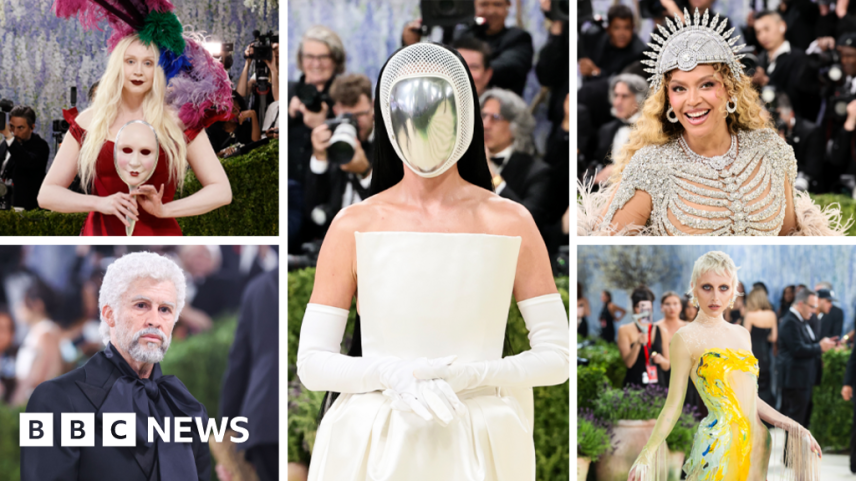 A composite image of 5 people in flamboyant costumes at the Met gala. In the centre in a largest part of the image is a women in white wearing a mask over her face
