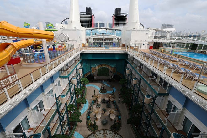Disney Adventure docked at Marina Bay Cruise Centre in Singapore, March 9, 2026, ahead of its maiden voyage.