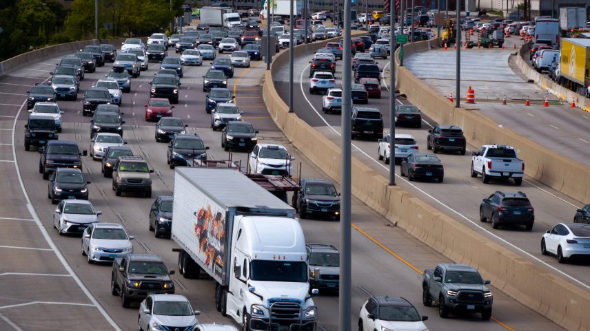 Traffic jams the highway coming into and out of downtown as the exodus of holiday travelers begins for the Memorial Day weekend on May 22, 2025 in Chicago, Illinois.