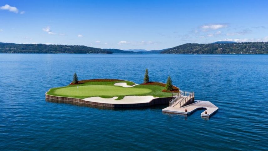 Floating green at the Coeur d’Alene Resort Golf Course.