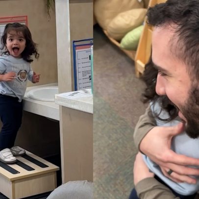 Bebê sorri ao se reunir com o pai em missão