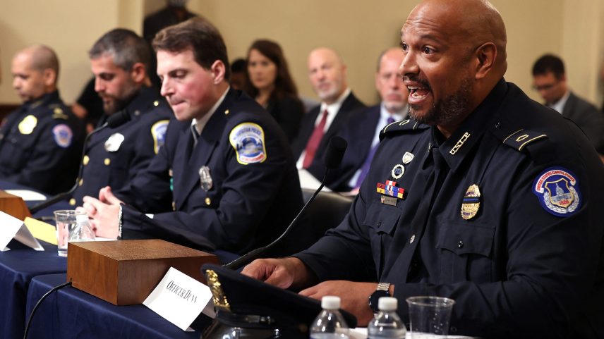 US Capitol Police officer Harry Dunn, DC Metropolitan Police Department officer Daniel Hodges, DC Metropolitan Police Department officer Michael Fanone and US Capitol Police officer Sgt. Aquilino Gonell testify during the Select Committee investigation of January 6, 2021.
