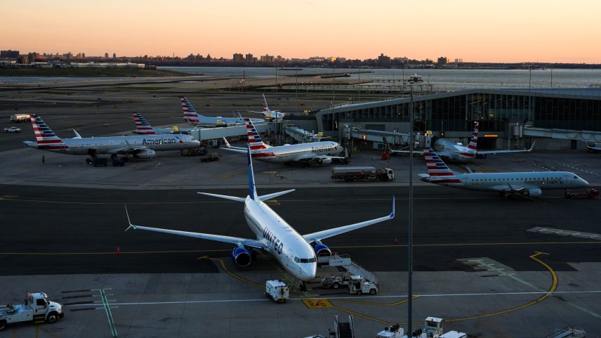 Airplanes are seen on the runway at LaGuardia Airport on March 28, 2026 in New York City, New York.
