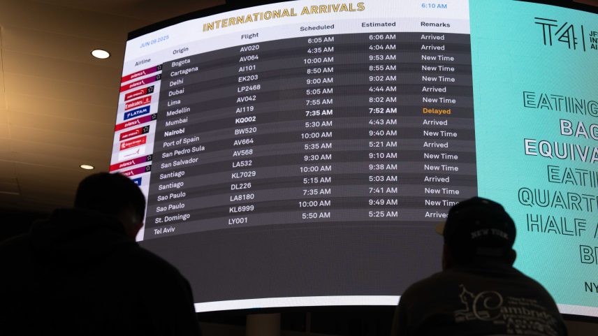 An information board showing international arrivals at John F. Kennedy International Airport on June 9, 2025, in New York City.