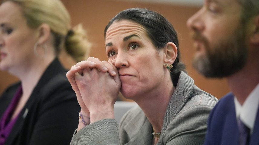 CiCi Steward, whose 8-year-old daughter, Cile Steward, was swept away in the July 4, 2025, flash flood at Camp Mystic and has not been found, listens at a hearing about a temporary restraining order at the Travis County Courthouse in Austin, Texas, March 4, 2026.