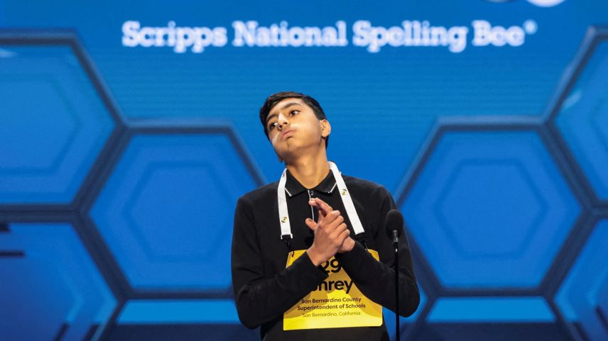 Shrey Parikh competes in a spell-off final round during the annual Scripps National Spelling Bee in Washington, DC on May 28, 2026.