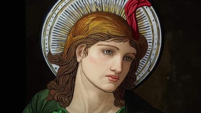 Close-up of before and after detail of stained-glass window depicting a ministering angel. Burne-Jones designed the angels, Morris the decorative leaf design.