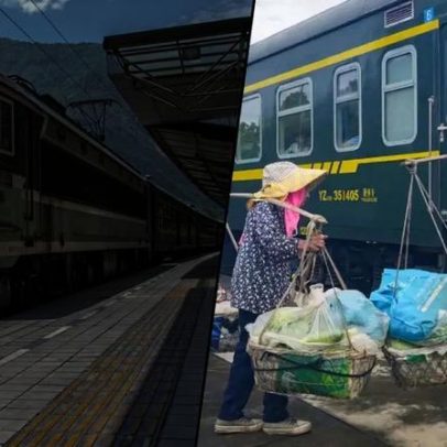 Trens chineses mais importantes operam a 40 km/h para ligar aldeias e galinhas