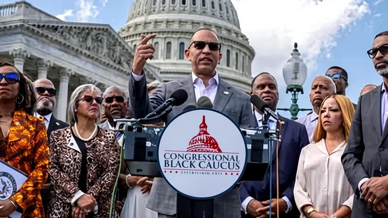 Hakeem Jeffries, the top US House Democrat, spoke Tuesday alongside members of the Congressional Black Caucus.
