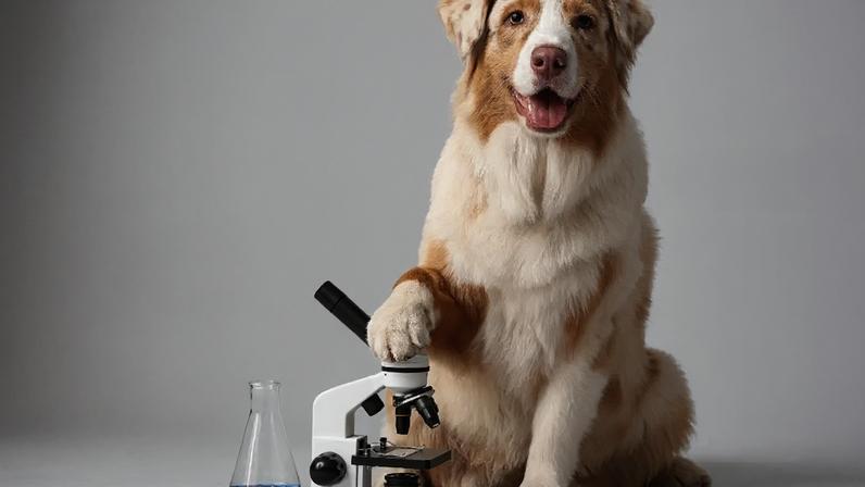Cão ao lado de um microscópio de laboratório.