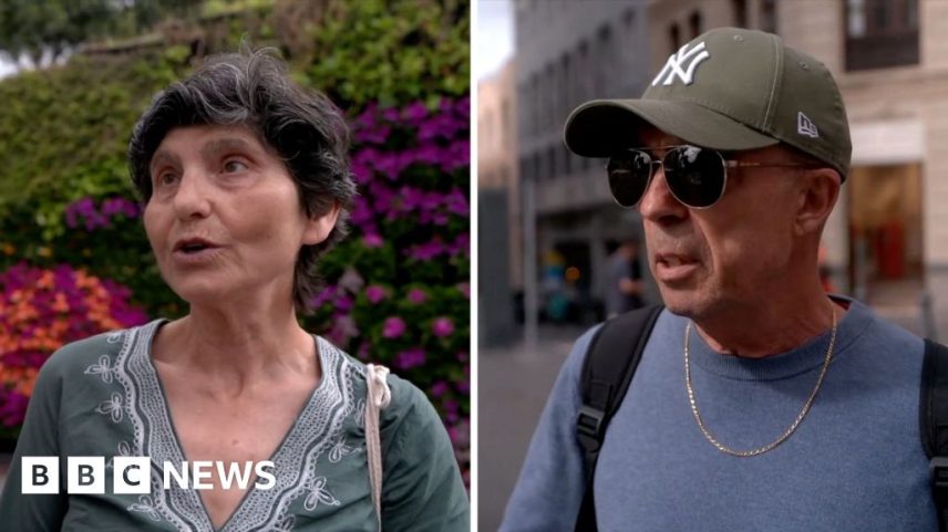 Split-screen showing woman on the left and man on the right being interviewed on the streets of Tenerife