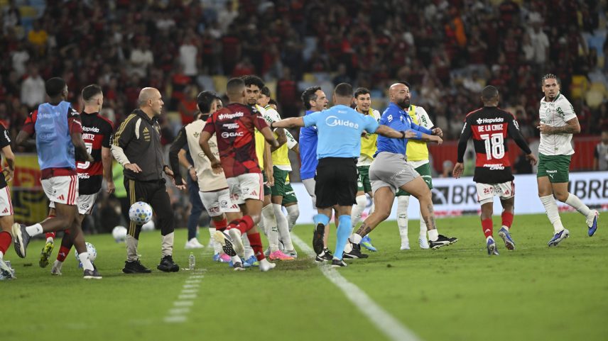 Confusão entre jogadores de Flamengo e Palmeiras após gol de Paulinho — Foto: André Durão