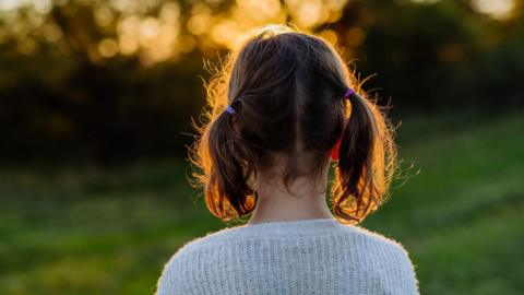 Getty Images Rear view of little girl with ponytails, during sunset.