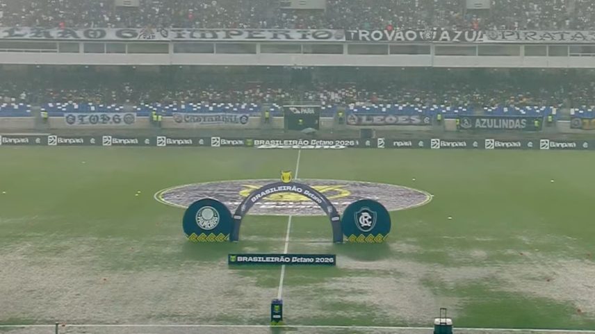 Chuva em Belém atrasou início da partida entre Remo e Palmeiras, no Brasileirão.