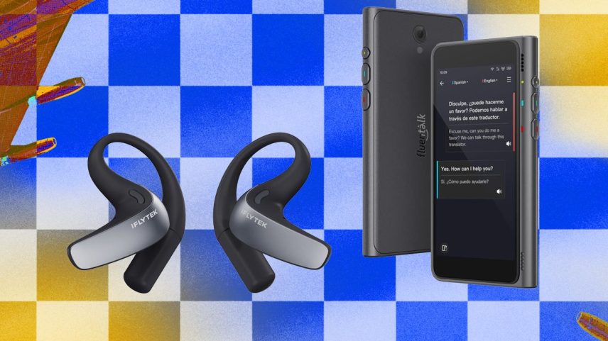 Black earbuds and translator device that looks like a mobile phone