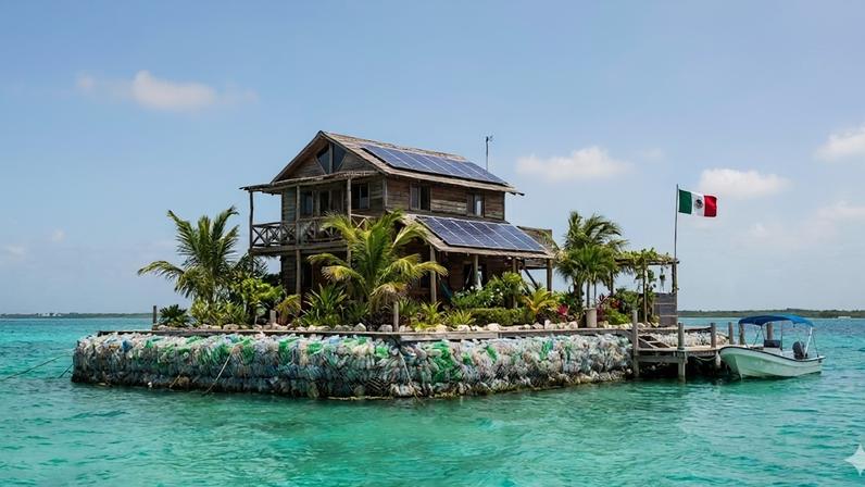 Ilha flutuante feita de garrafas pet e mangues cultivados por um morador no litoral do México