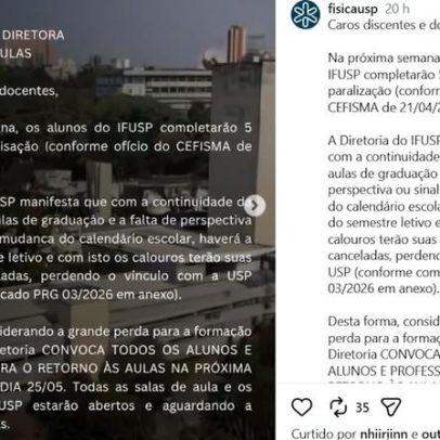 Volta às aulas ou perdem o semestre, afirma Instituto de Física da USP