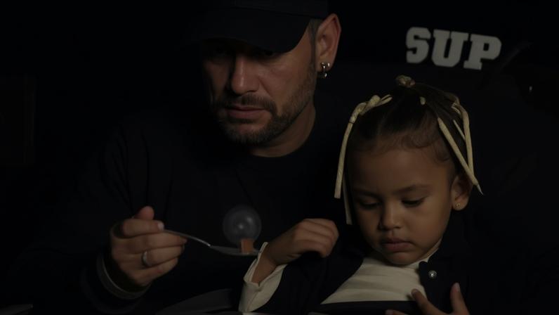 Neymar dá papinha para Mavie enquanto assiste ao jogo do Santos contra o San Lorenzo, na Vila Belmiro