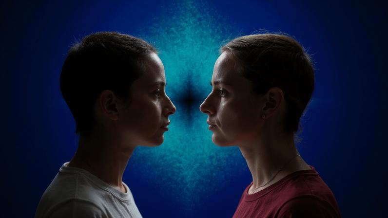 Collage of two figures facing each other one is pixelated and the other is full of torn paper
