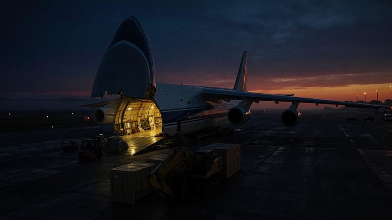 An-124 decola levando carga recorde em missão pesada