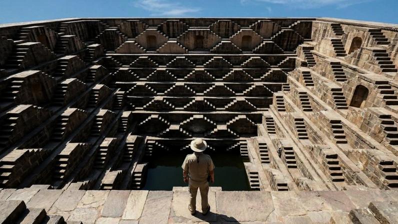 O poço indiano de 1.200 anos com 3.500 degraus simétricos que desce 30 metros até a água