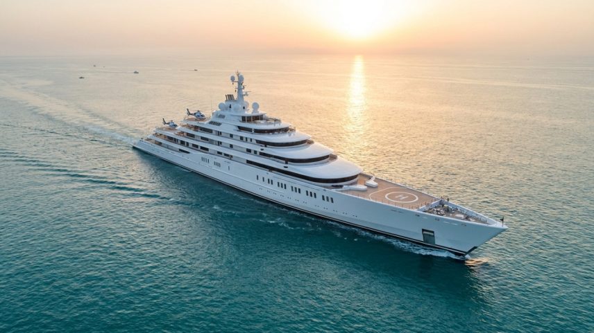 Vista aérea do Azzam, mostrando a dimensão do maior iate privado do mundo