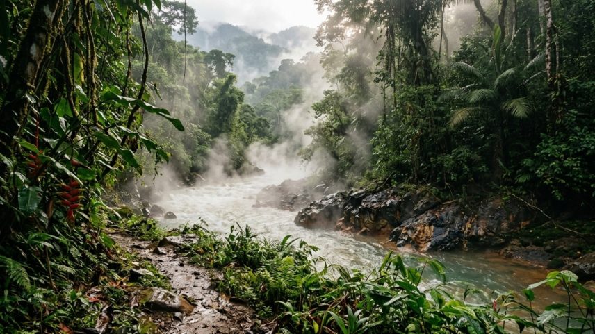 (Imagem ilustrativa)Rio termal na Amazônia peruana que mantém águas em temperaturas letais devido a um sistema hidrotermal profundo único no planeta