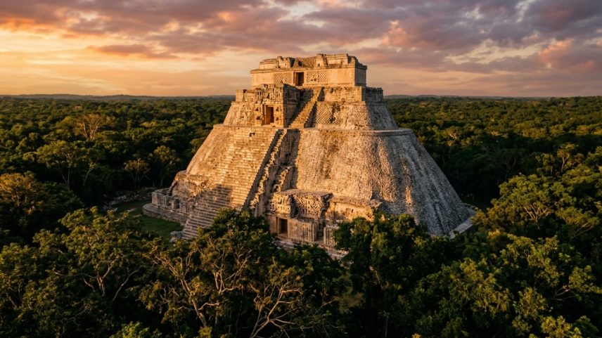 Monumento de base ovalada e trinta e cinco metros de altura construído pela civilização maia