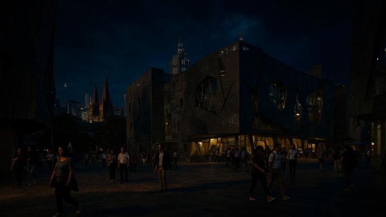 Praça de Melbourne com fachadas geométricas, ponto cultural mais visitado
