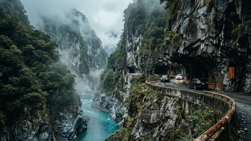 Rota estreita cavada na rocha com túneis escuros e paisagens íngremes em Taiwan – Créditos: depositphotos.com / ppohudka