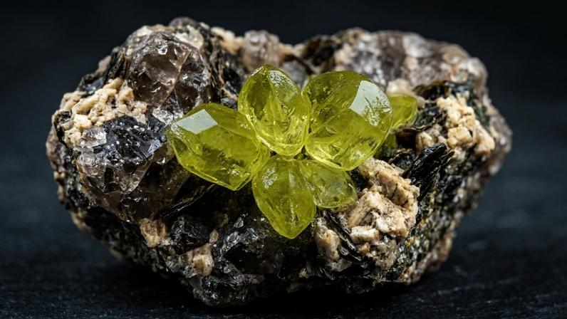 Raro mineral de fosfato, descoberto em 1944, brilha em amarelo-esverdeado