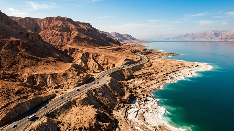 A estrada mais baixa do mundo margeando as águas salgadas do Mar Morto na Jordânia – Créditos: depositphotos.com / avk78