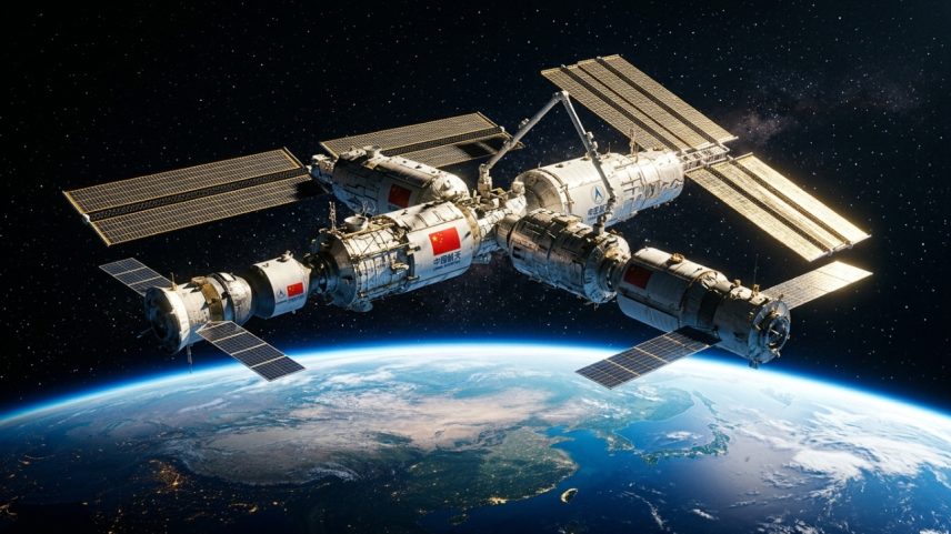 (Imagem ilustrativa)Base modular chinesa em órbita terrestre que serve como laboratório para pesquisas espaciais
