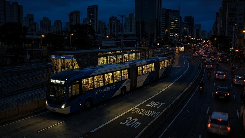 Ônibus biarticulado Volvo Gran Artic 300 de 30 metros operando em corredor de BRT urbano