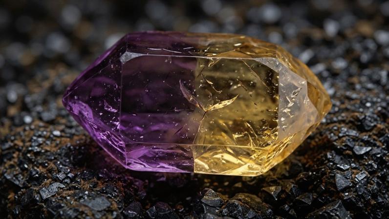 Gema bicolor que combina tons de ametista e citrino em um único cristal natural – Créditos: depositphotos.com / Imfoto