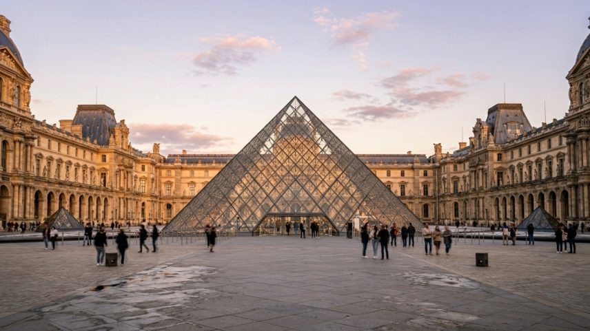 Estrutura de vidro e metal com vinte e um metros de altura no pátio do museu do Louvre – Créditos: depositphotos.com / kanuman